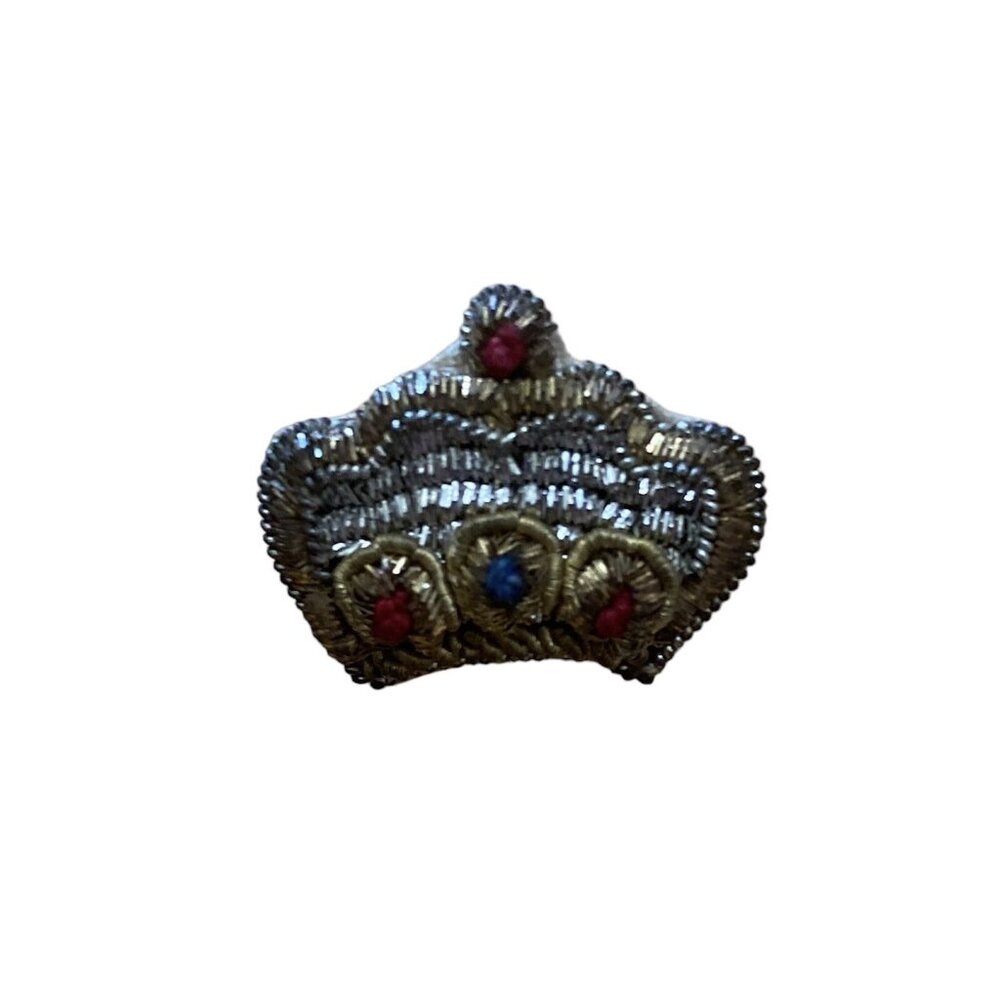 Vtg Zari Silver Gold Tone Thread Pin Cloth Brooch Applique India Crown Crest Hat